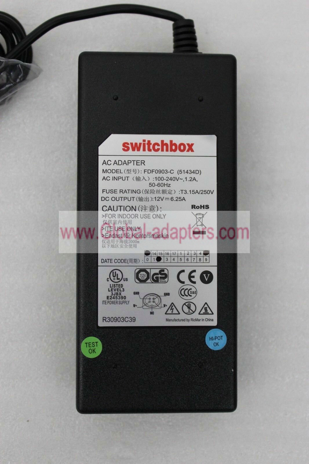 New Switchbox AC Adapter FDF0903-C(51434D) 12V 6.25A POWER SUPPLY 4PIN